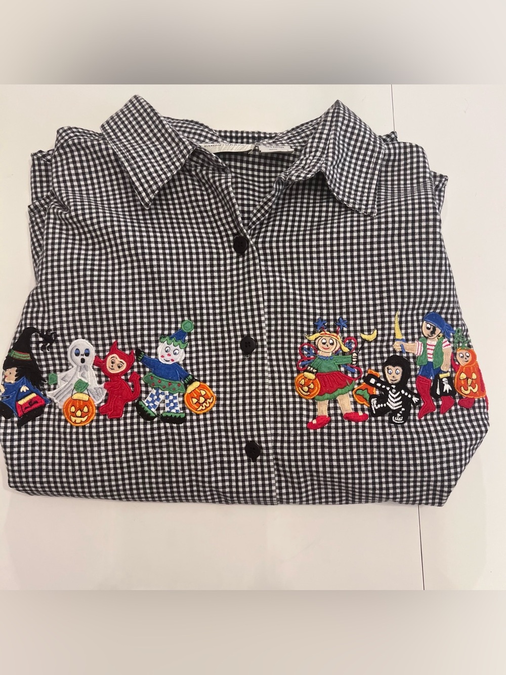 Embroidered Halloween Gingham Button-Down Shirt - Black & White